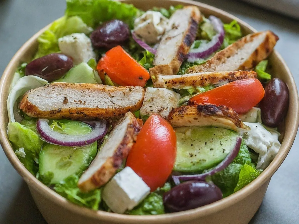 Gluten Free Greek Salad with Grilled Chicken and Oil Balsamic Gluten Free Greek Salad with Grilled Chicken and Oil Balsamic