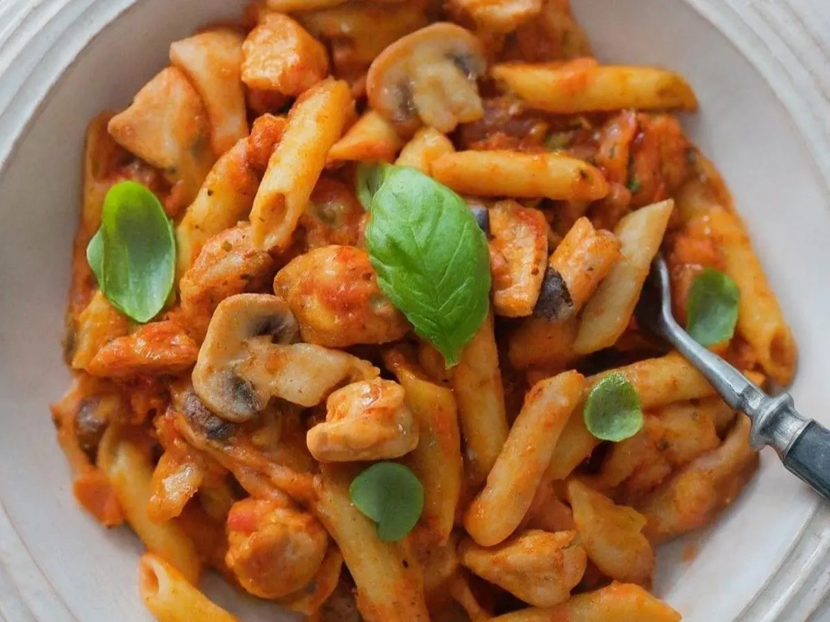 Gluten-Free Penne with Chicken, Mushrooms and Tomato Sauce
