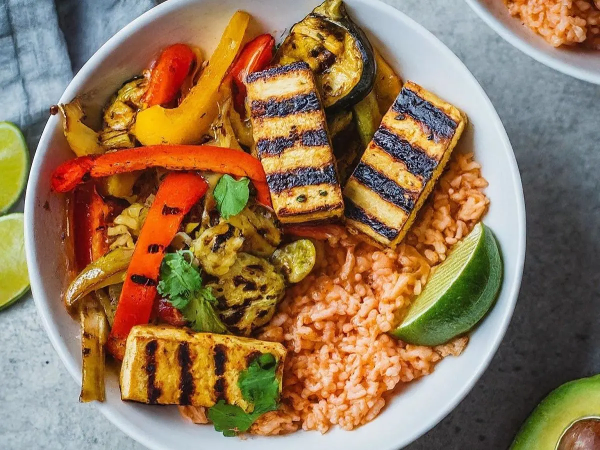 Grilled Tequila Lime Tofu Fajitas with Spanish Rice and Grilled Veggies Box
