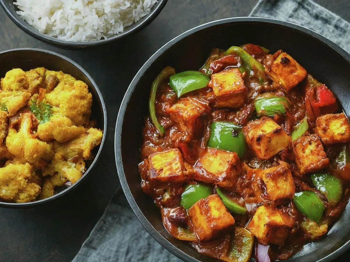 Chilli Paneer With Basmati Rice and Gobi Aloo Chilli Paneer With Basmati Rice and Gobi Aloo