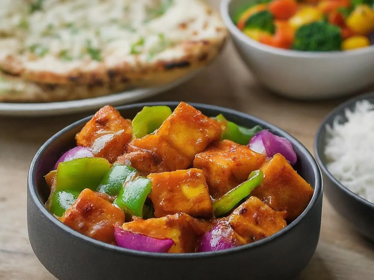 Chilli Paneer With Basmati Rice, Mixed Vegetables and Naan Chilli Paneer With Basmati Rice, Mixed Vegetables and Naan