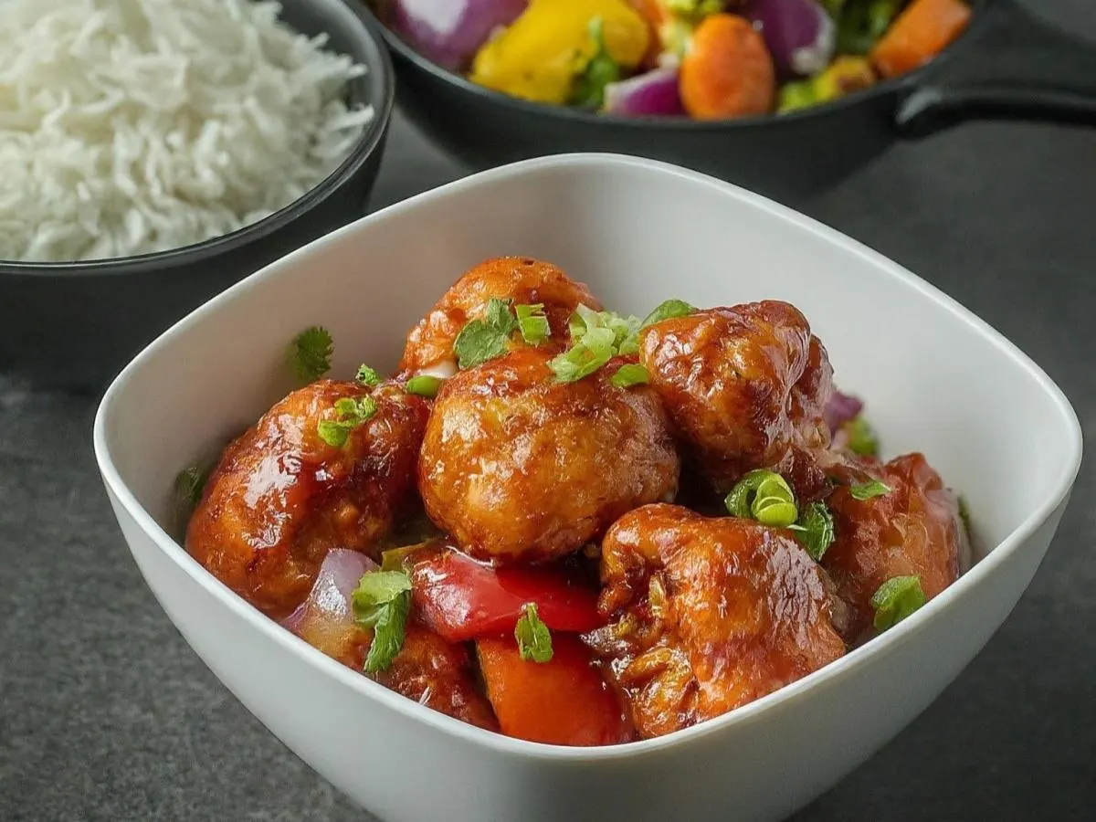 Vegan Gobi Manchurian With Basmati Rice and Mixed Vegetables Vegan Gobi Manchurian With Basmati Rice and Mixed Vegetables