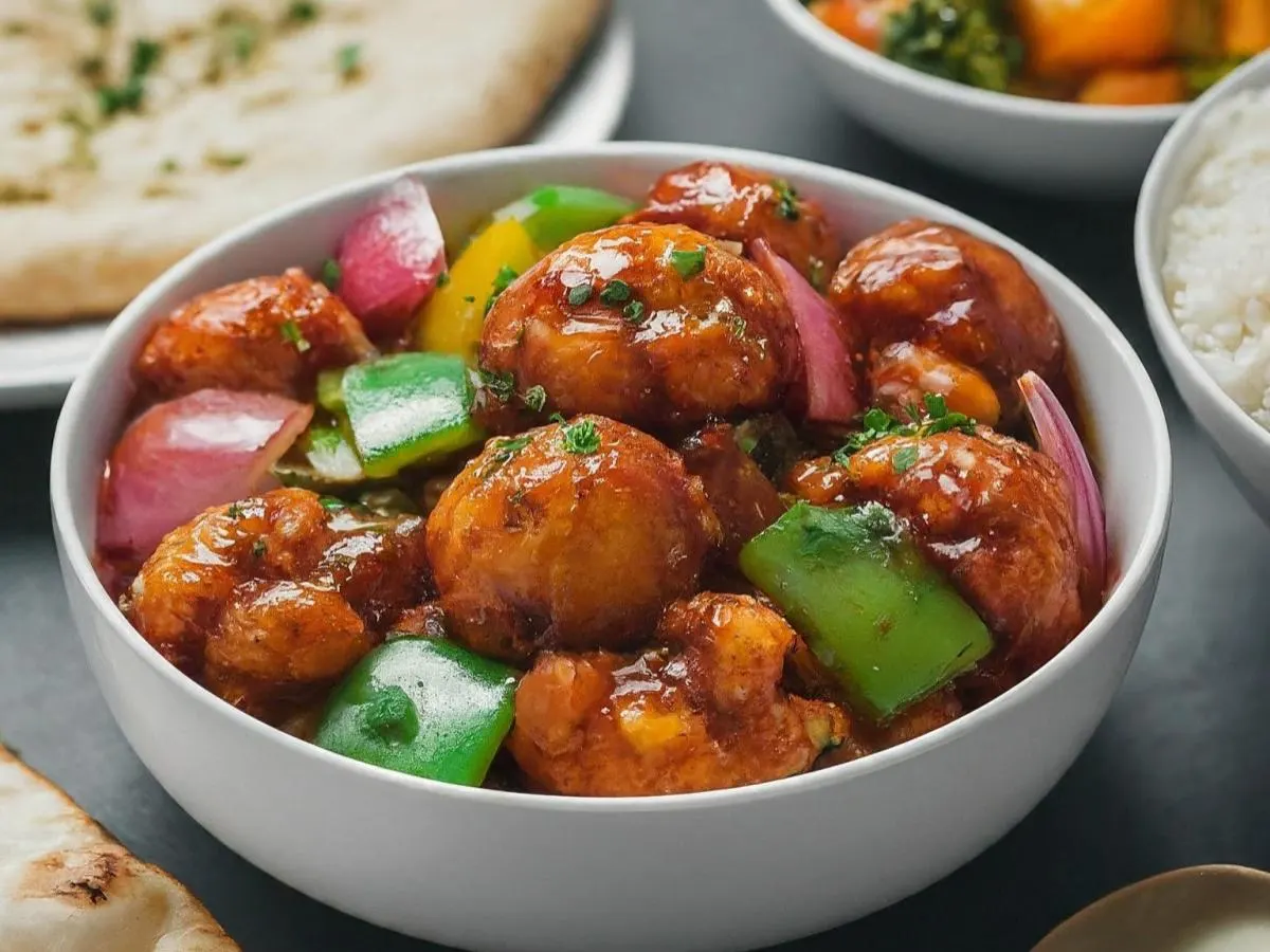 Gobi Manchurian Veg With Basmati Rice, Mixed Vegetables, and Naan Gobi Manchurian Veg With Basmati Rice, Mixed Vegetables, and Naan