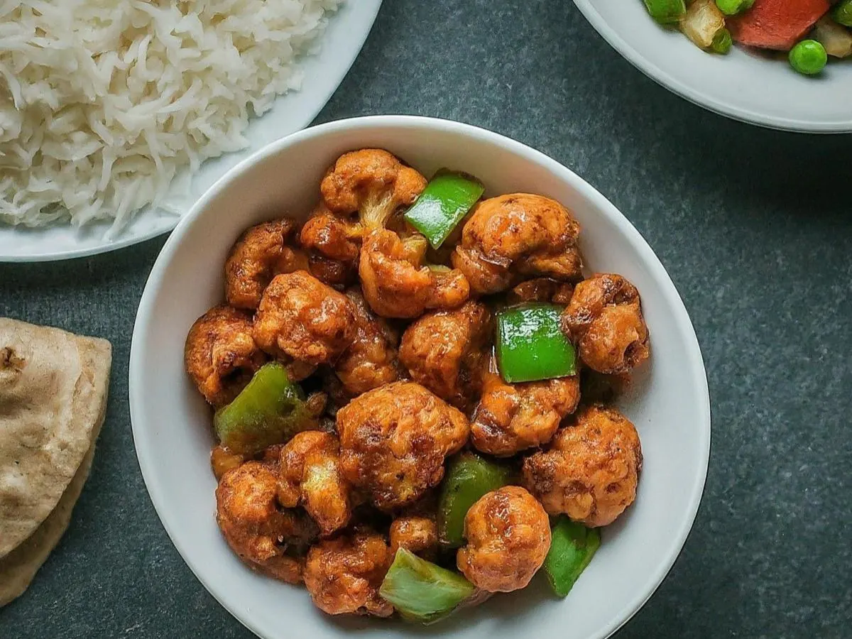 Vegan Gobi Manchurian With Basmati Rice, Mixed Vegetables, and Whole Wheat Roti Vegan Gobi Manchurian With Basmati Rice, Mixed Vegetables, and Whole Wheat Roti