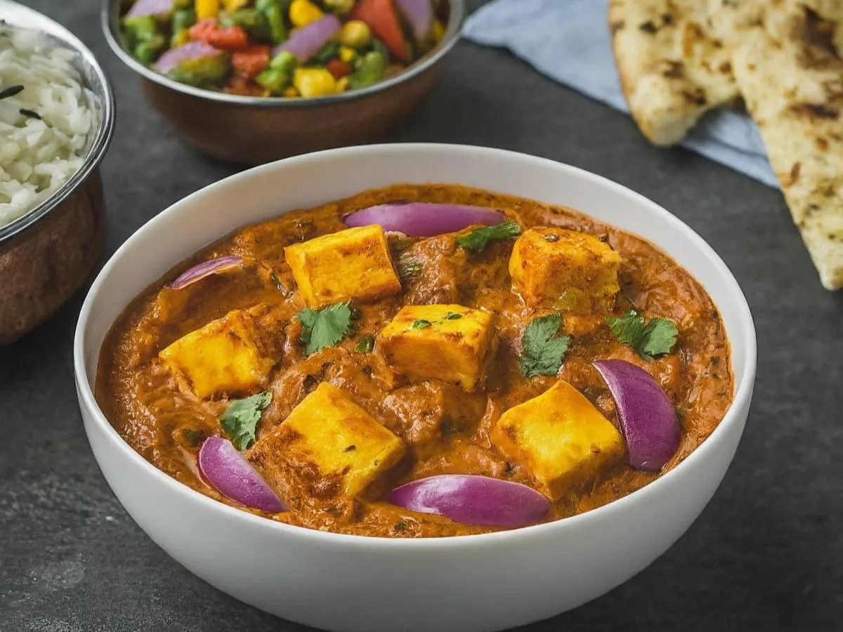 Shahi Paneer With Basmati Rice, Mixed Vegetables, and Garlic Naan Shahi Paneer With Basmati Rice, Mixed Vegetables, and Garlic Naan