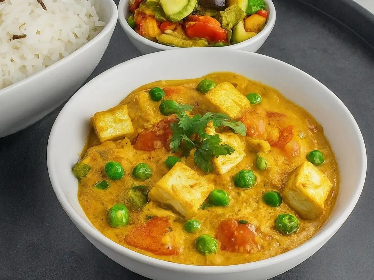 Vegetarian Tofu Vegetable Korma With Basmati Rice and Mixed Vegetables Vegetarian Tofu Vegetable Korma With Basmati Rice and Mixed Vegetables