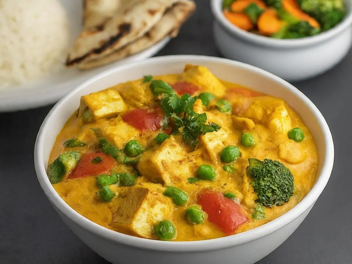 Vegetarian Tofu Vegetable Korma With Basmati Rice, Mixed Vegetables and Naan Vegetarian Tofu Vegetable Korma With Basmati Rice, Mixed Vegetables and Naan