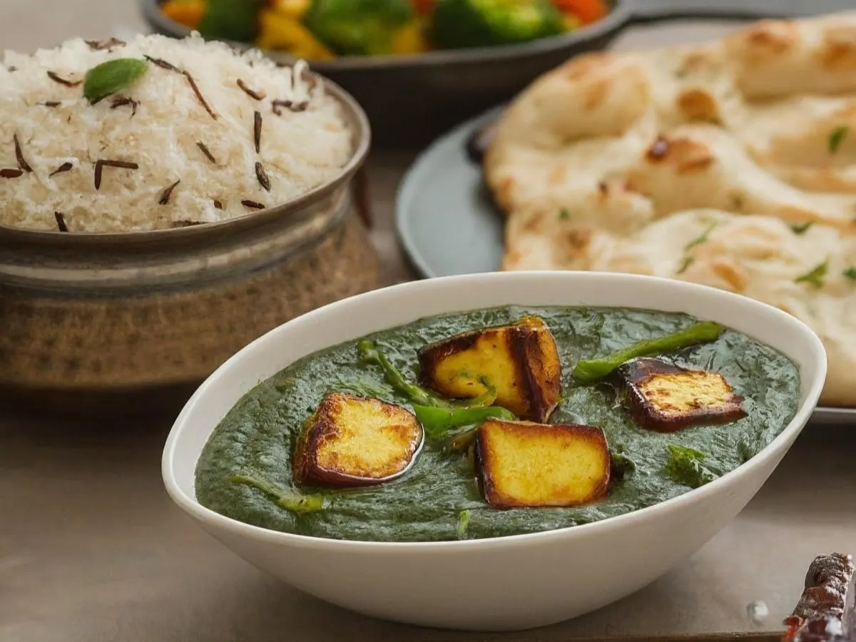 Palak Paneer With Basmati Rice, Mixed Vegetables, and Naan Palak Paneer With Basmati Rice, Mixed Vegetables, and Naan