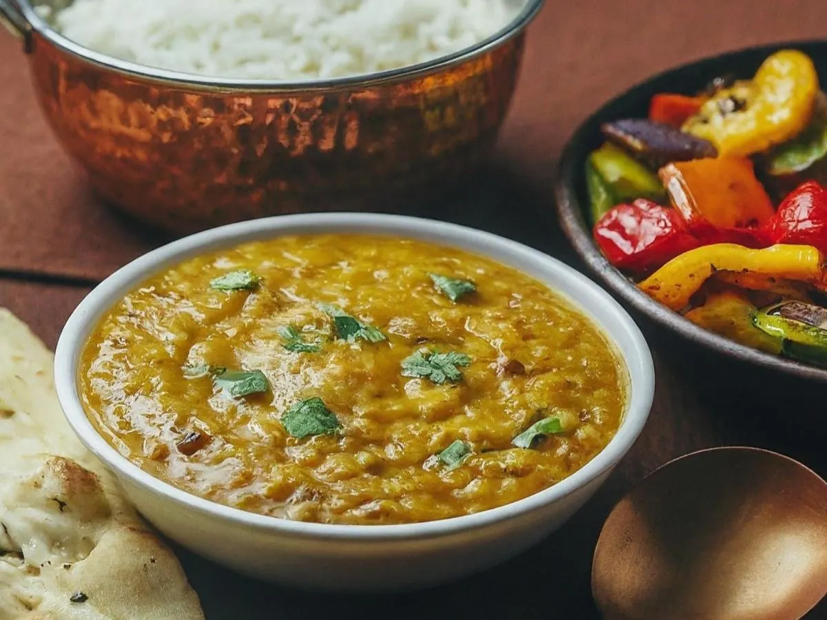 Dal Tadka With Basmati Rice, Mixed Vegetables and Naan Dal Tadka With Basmati Rice, Mixed Vegetables and Naan
