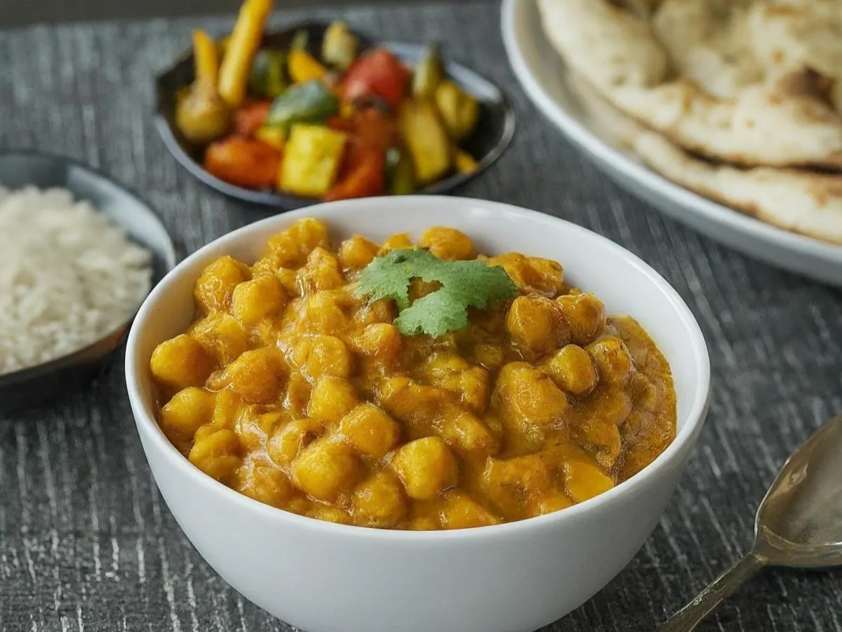 Chana Masala with Basmati Rice, Mixed Vegetables, and Naan Chana Masala with Basmati Rice, Mixed Vegetables, and Naan