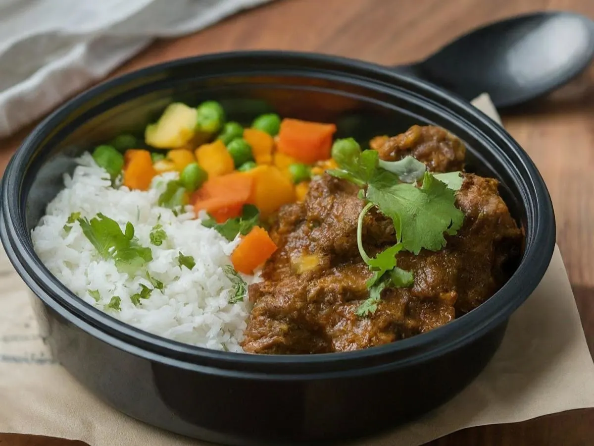 Lamb Vindaloo With Basmati Rice and Mixed Vegetables Lamb Vindaloo With Basmati Rice and Mixed Vegetables