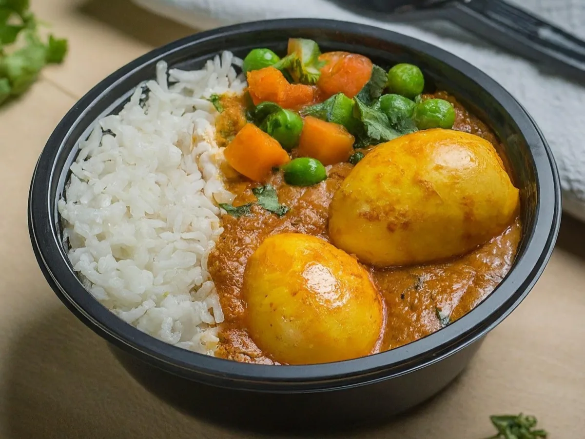 Egg Curry With Basmati Rice and Mixed Vegetables, and Onion Kulcha Egg Curry With Basmati Rice and Mixed Vegetables, and Onion Kulcha