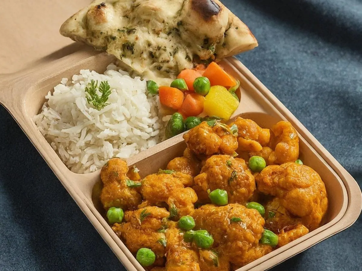 Gobi Aloo With Basmati Rice, Mixed Vegetables, and Onion Kulcha Gobi Aloo With Basmati Rice, Mixed Vegetables, and Onion Kulcha