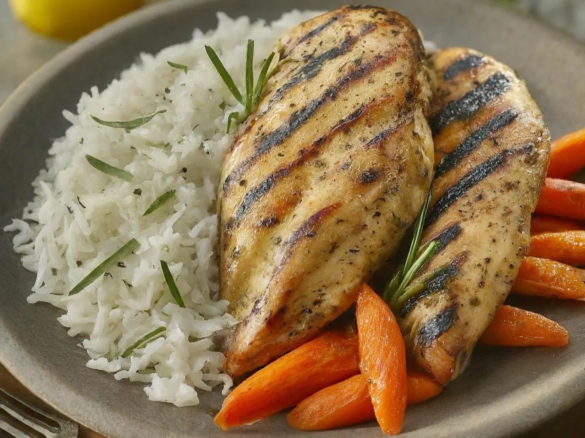 Lemon Herb Grilled Chicken Served with Rosemary Jasmine Rice & Roasted Carrots Lemon Herb Grilled Chicken Served with Rosemary Jasmine Rice & Roasted Carrots
