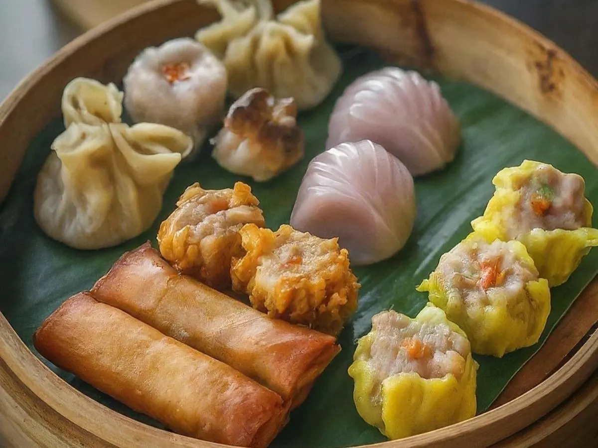 Mushroom Sticky Rice Siu Mai, Vegan Fried Spring Rolls & BBQ Buns, Taro Dumpling Mushroom Sticky Rice Siu Mai, Vegan Fried Spring Rolls & BBQ Buns, Taro Dumpling