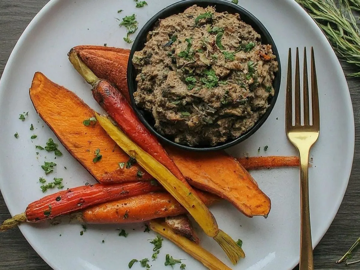 Vegan Duxelles Served with Roasted Sweet Potato & Roasted Carrots Vegan Duxelles Served with Roasted Sweet Potato & Roasted Carrots