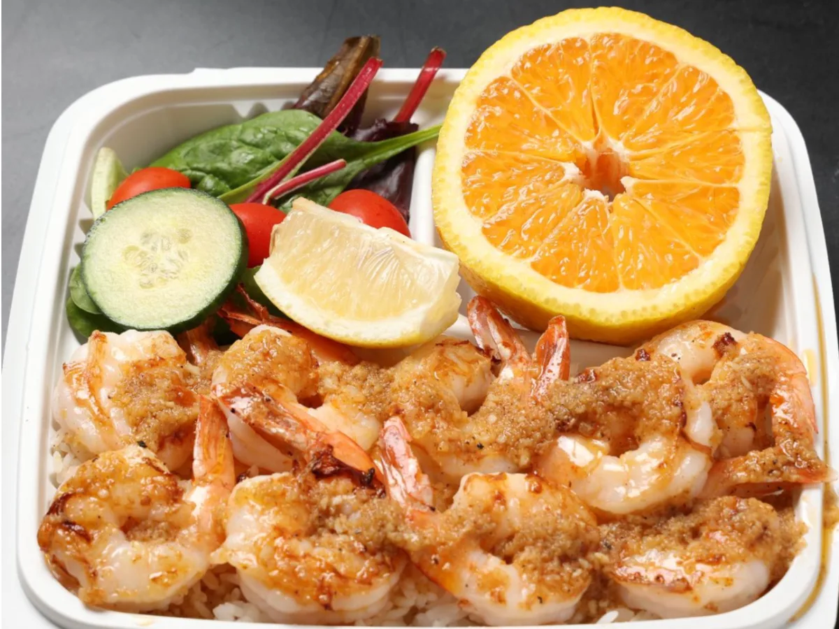 Individual Cajun Shrimp Bento Box with White Rice Individual Cajun Shrimp Bento Box with White Rice