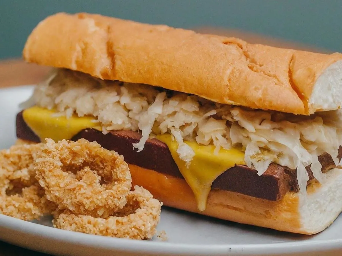 Vegan Reuben on Marble Rye and Onion Rings Vegan Reuben on Marble Rye and Onion Rings