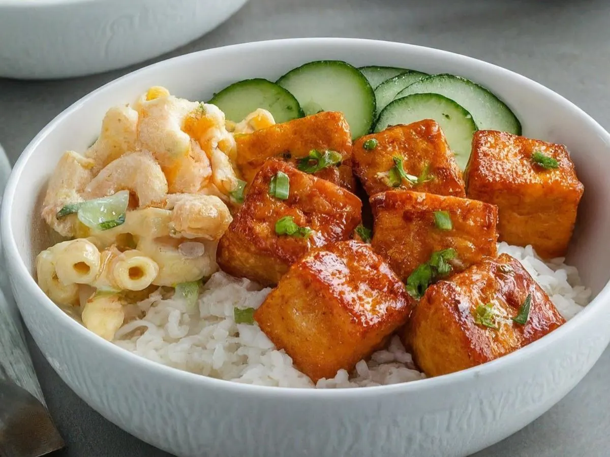 Sweet Fried Tofu and Honey Sriracha Salmon Rice Bowl