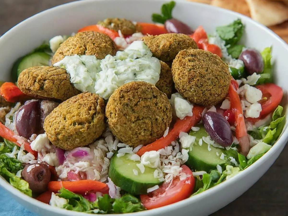 Falafel w/ Rice and Greek Salad Box Falafel w/ Rice and Greek Salad Box