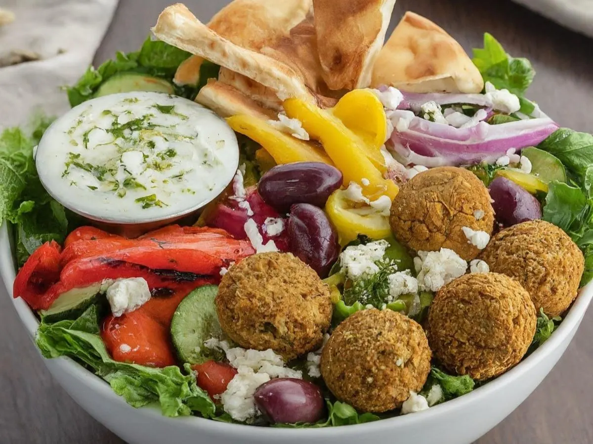 Falafel w/ Grilled Veggie and Greek Salad Box Falafel w/ Grilled Veggie and Greek Salad Box