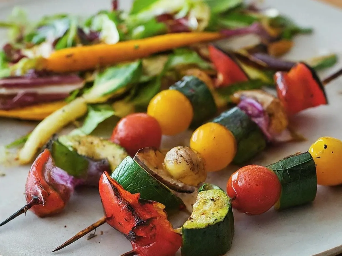 Light Carb Veggie Kebab with Sauteed Veggies and Salad