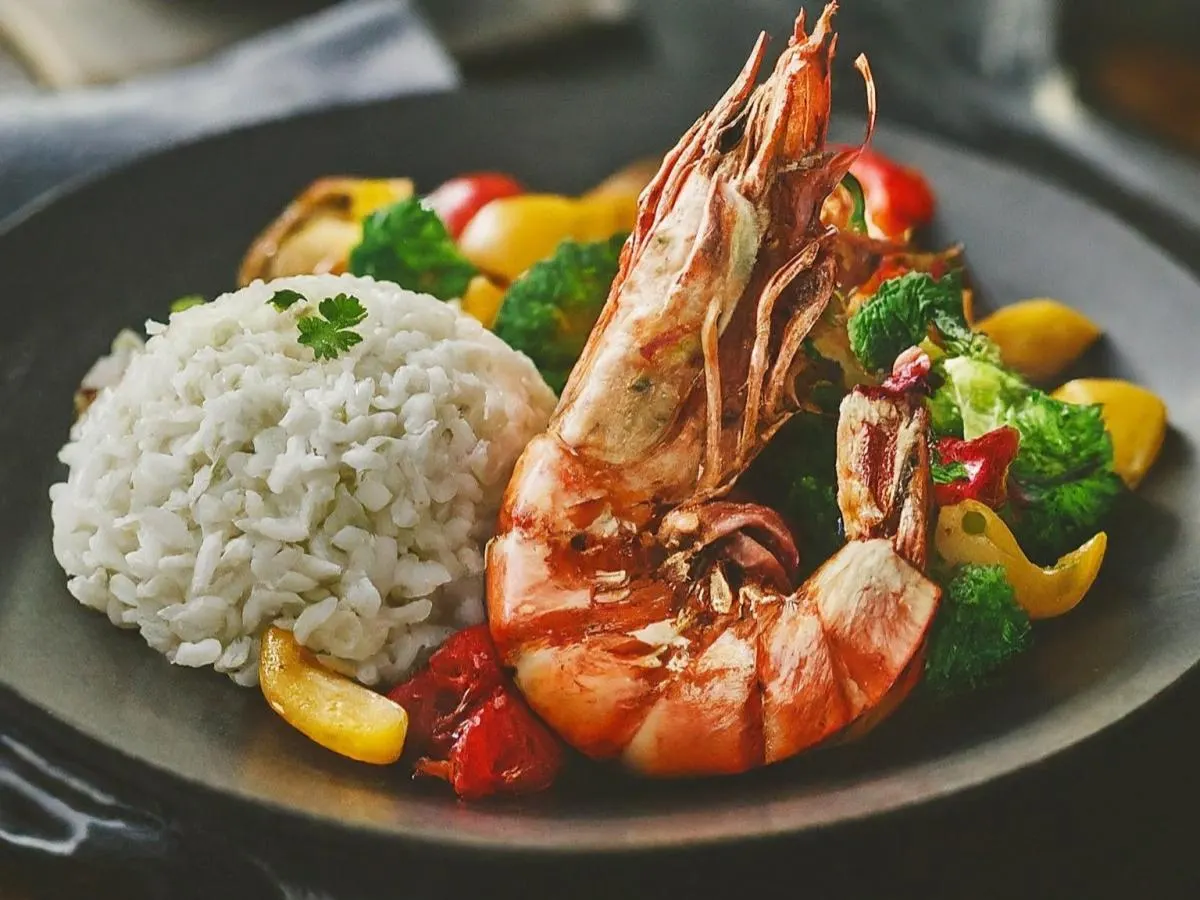 Karides Izgara with Rice and Sauteed Veggies