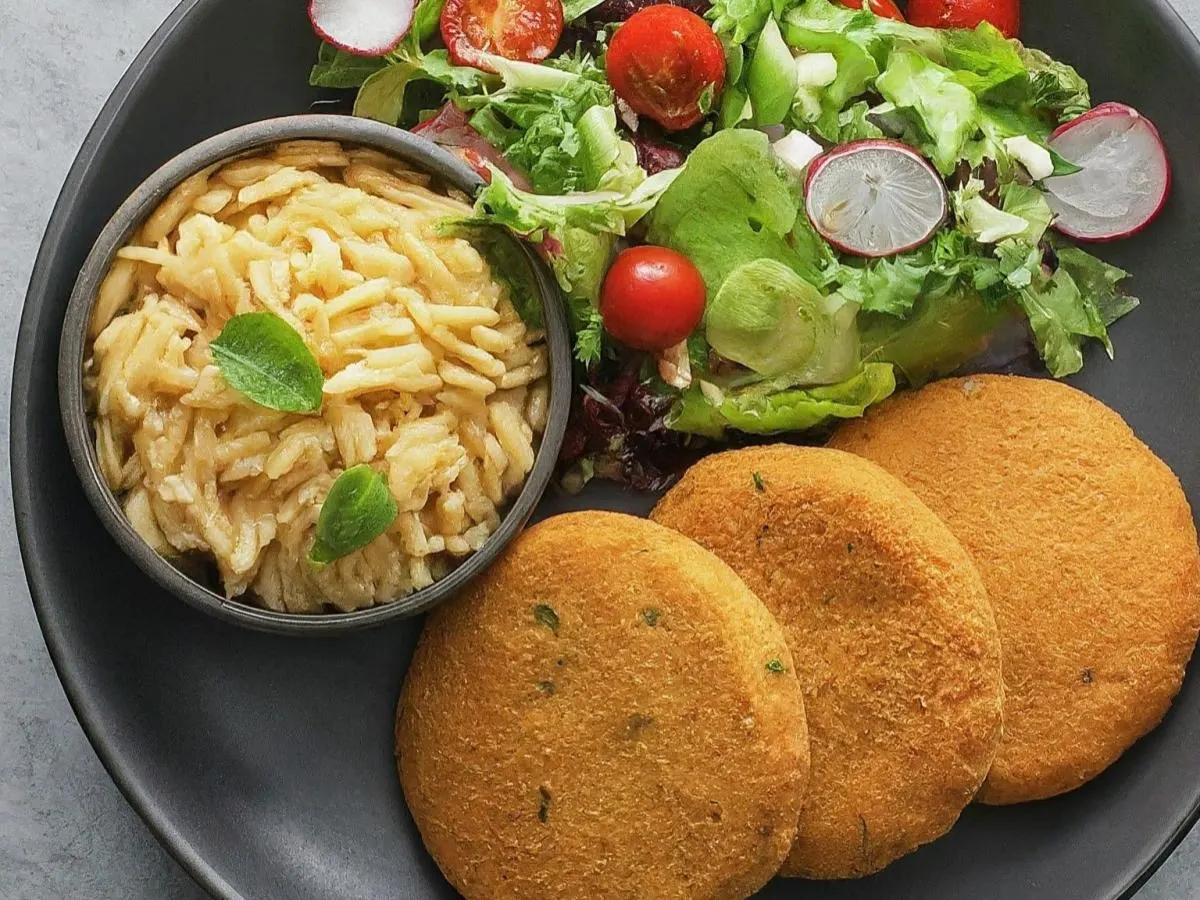 Falafel with Orzo Pilaf and Salad