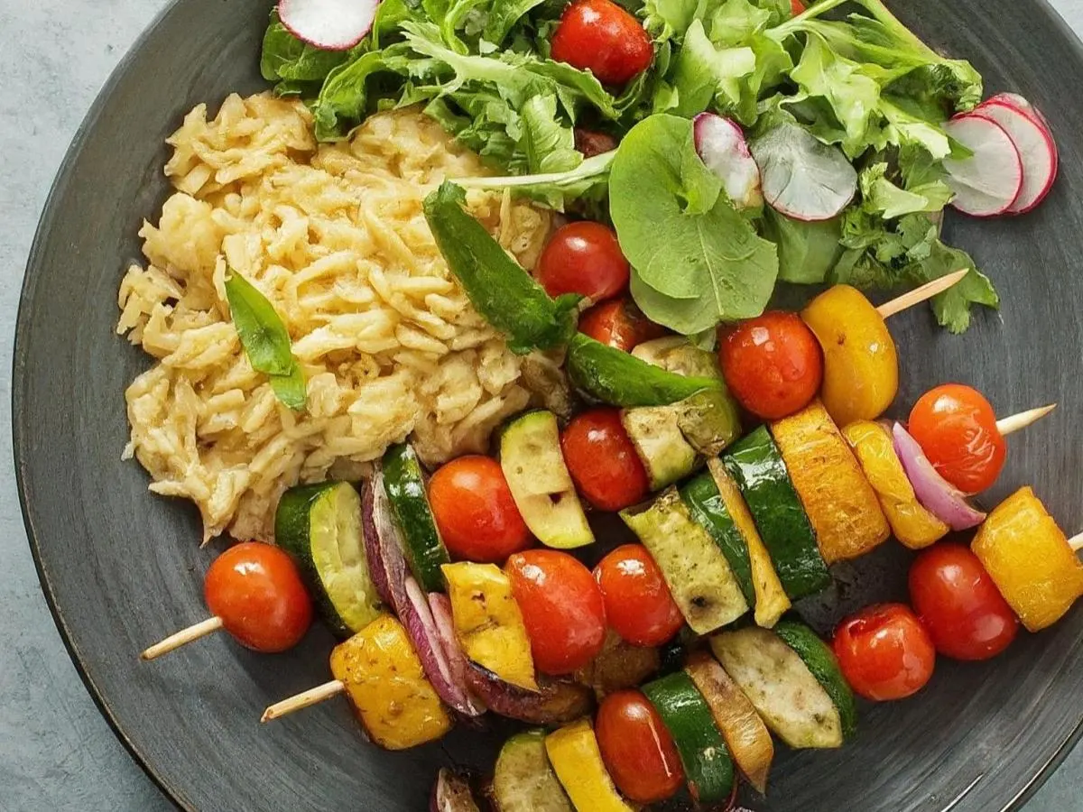 Vegan Kebab with Orzo Pilaf and Salad
