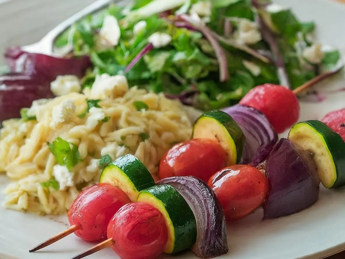 Veggie Kebab with Orzo Pilaf and Salad