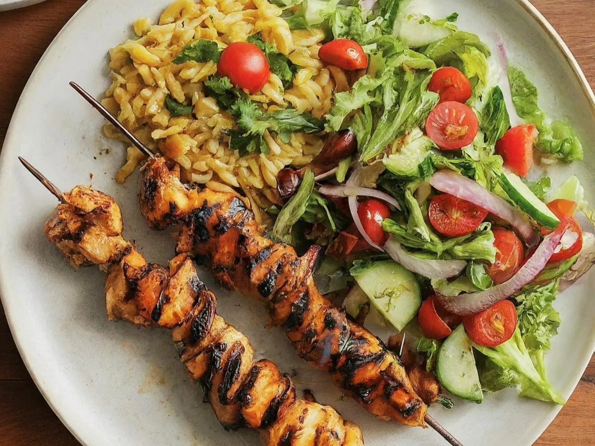 Tavuk Shish Kebab with Orzo Pilaf and Salad