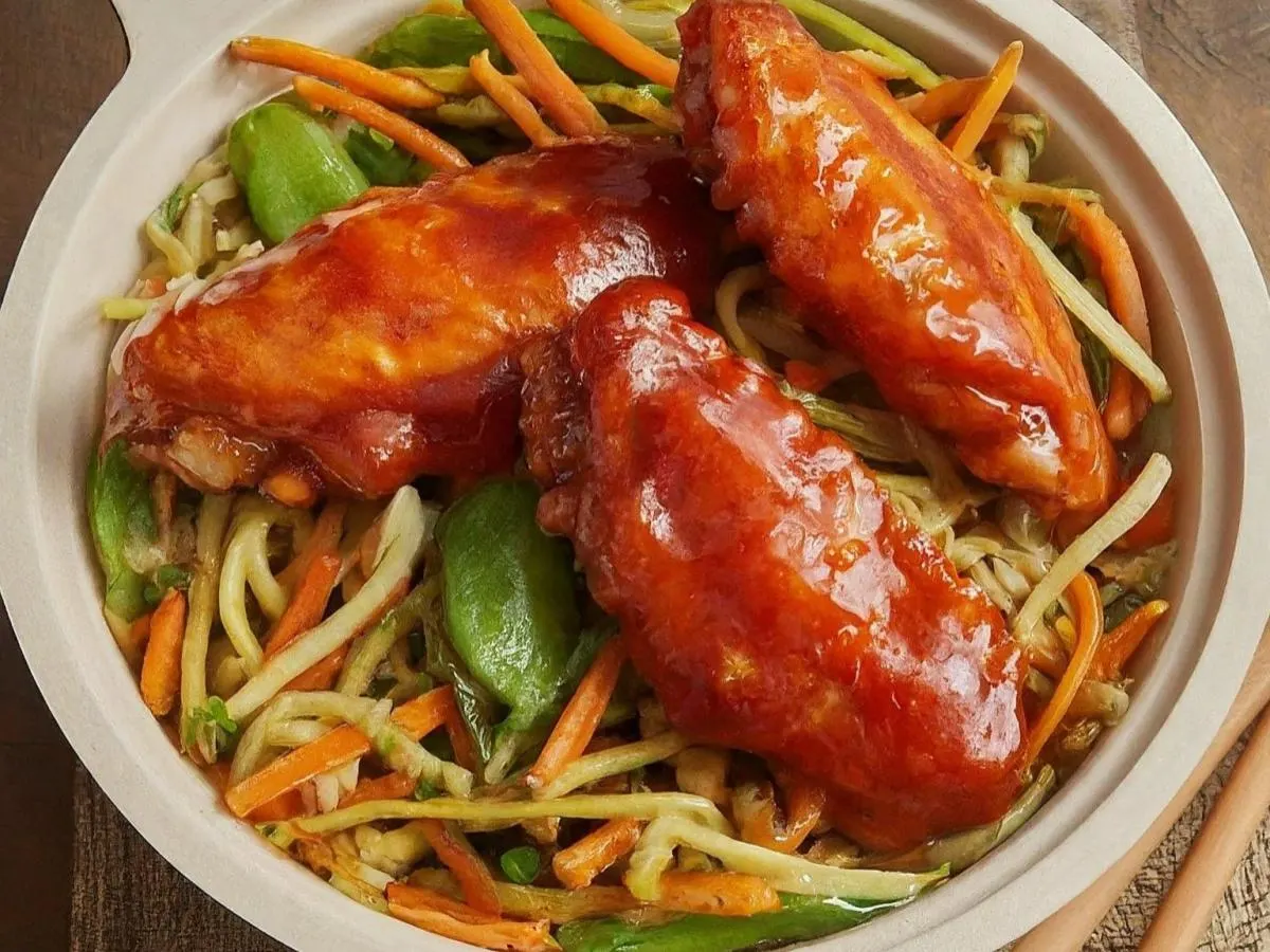 Honey Hot Buffalo Chicken Wings with Veggie Lo Mein Boxed Meal