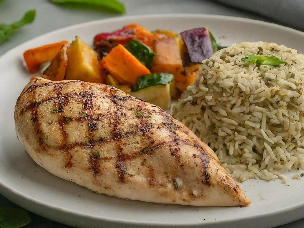 Grilled Chicken w/ Seasoned Rice & Roasted Veggies (NO GARLIC, ONION / ALLIUM) Grilled Chicken w/ Seasoned Rice & Roasted Veggies (NO GARLIC, ONION / ALLIUM)