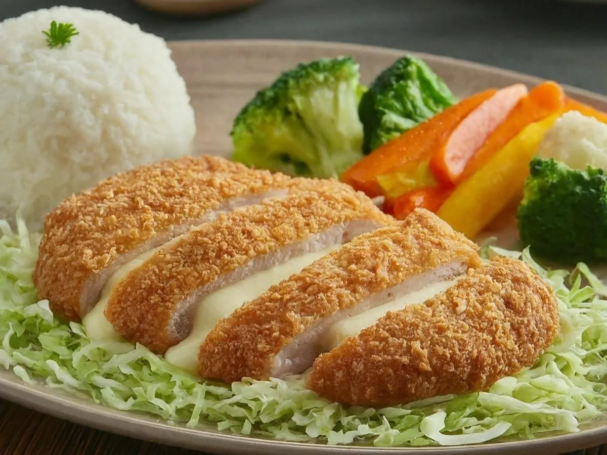 [20oz] Pork Katsu Stuffed with Mozzarella, with Steamed Vegetables and Cabbage Salad