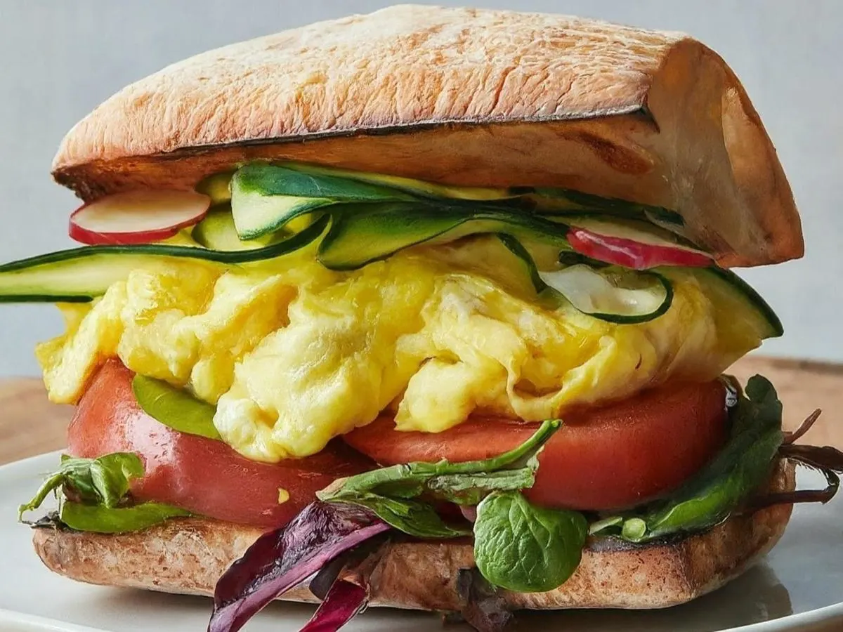 Seasonal Vegetable & Egg Breakfast Sandwich on Ciabatta Seasonal Vegetable & Egg Breakfast Sandwich on Ciabatta