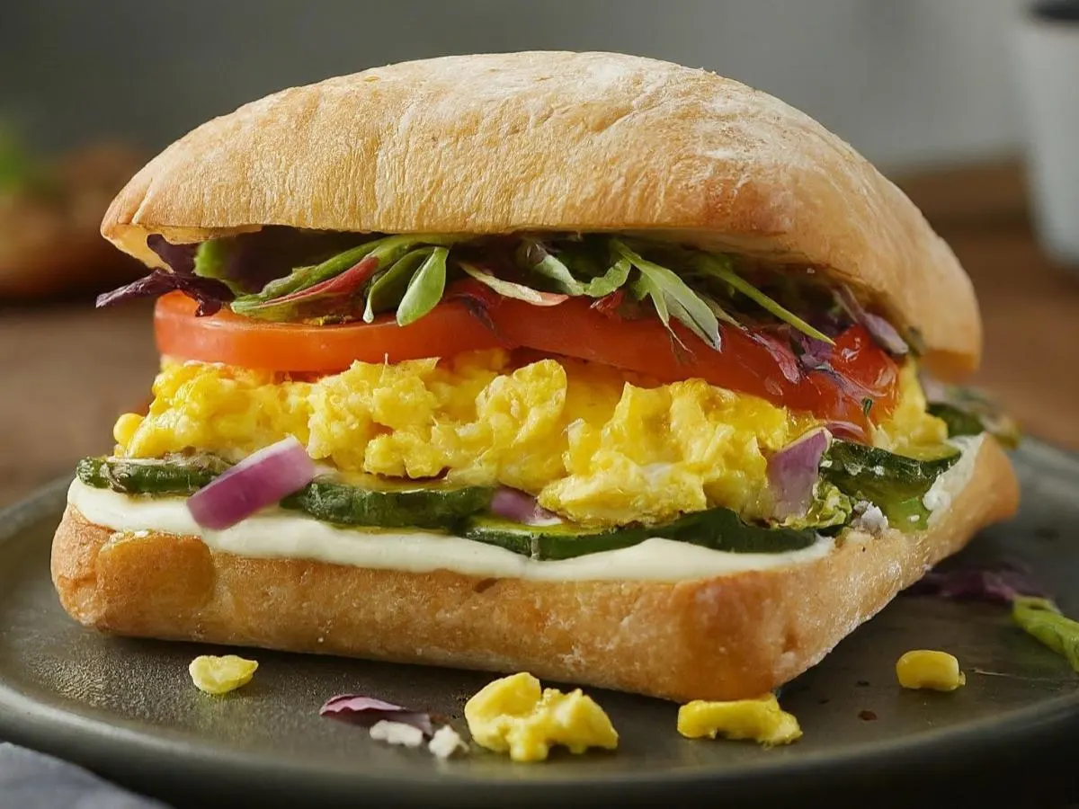 Seasonal Vegetable, Egg & Cheese Breakfast Sandwich on Ciabatta Seasonal Vegetable, Egg & Cheese Breakfast Sandwich on Ciabatta