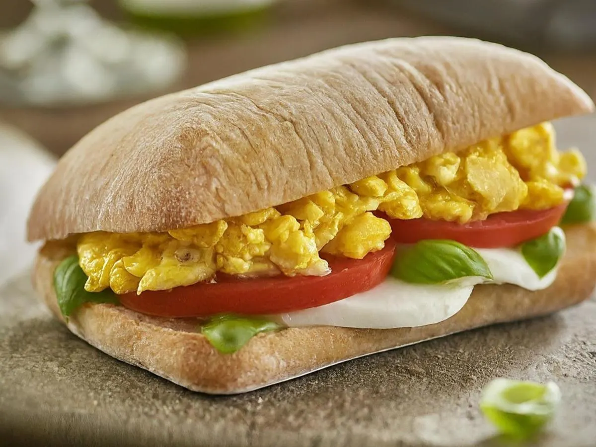 Tomato, Basil, Egg & Cheese Sandwich on Ciabatta Tomato, Basil, Egg & Cheese Sandwich on Ciabatta