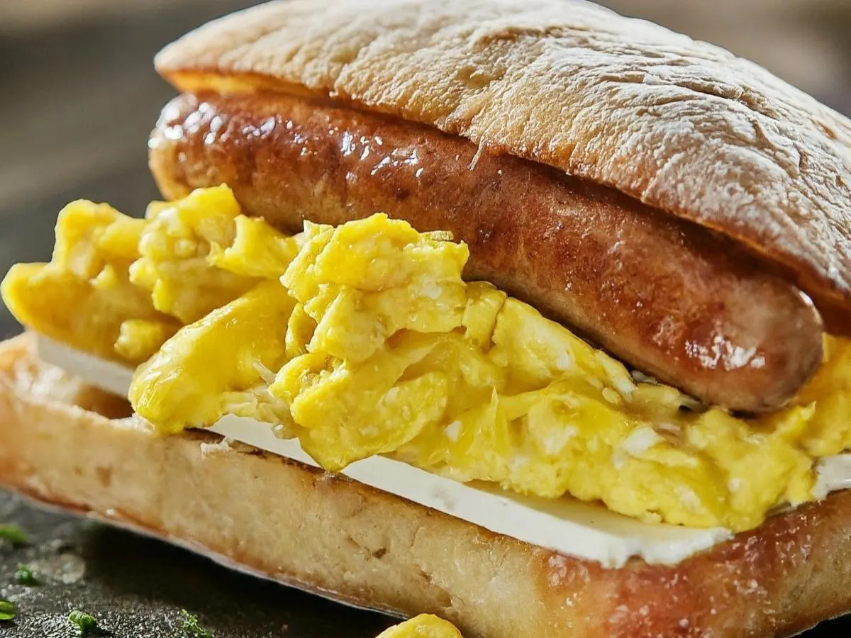 Sausage, Egg & Cheese Sandwich on Ciabatta Sausage, Egg & Cheese Sandwich on Ciabatta