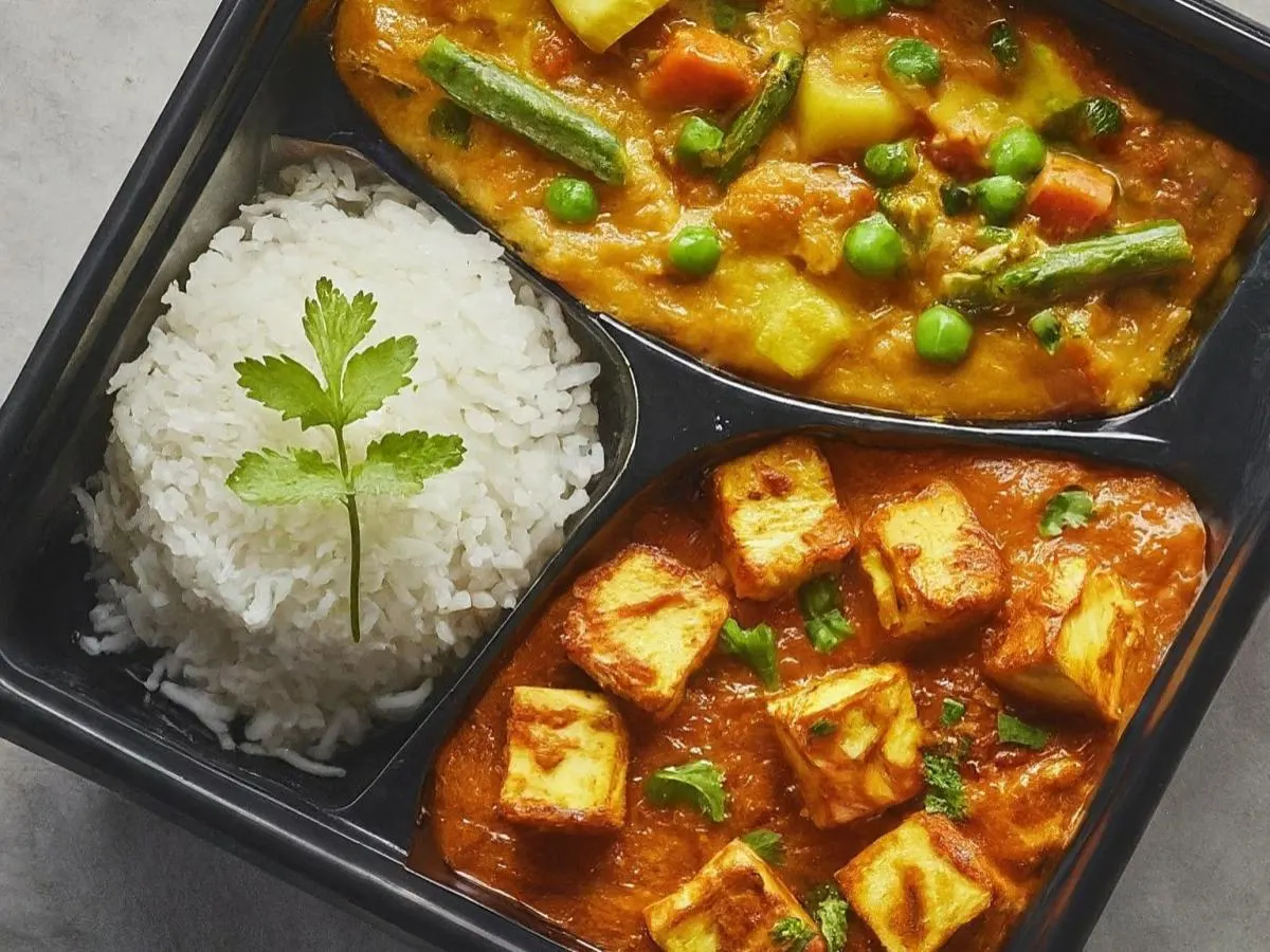 Paneer Tikka Masala with Rice and Veggie Korma Paneer Tikka Masala with Rice and Veggie Korma