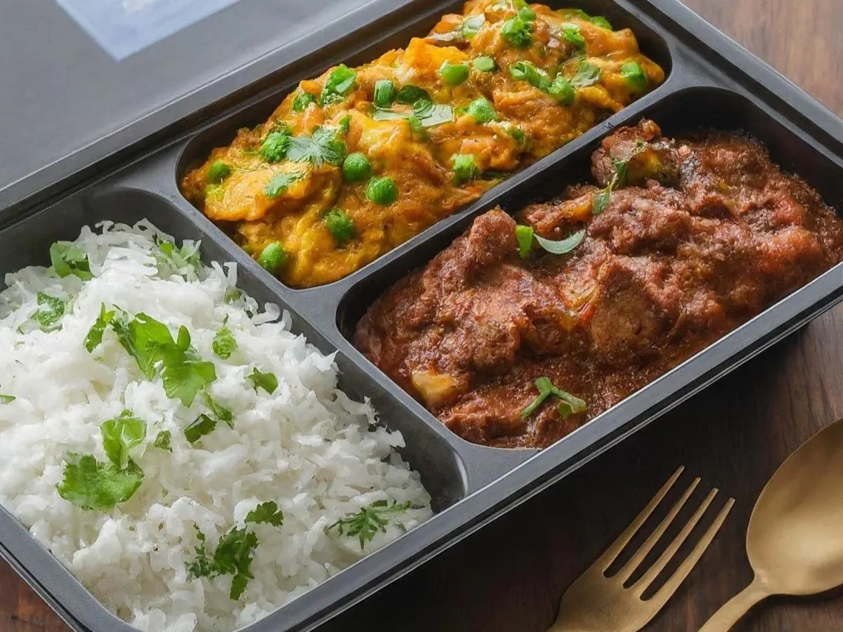 Goat Vindaloo with Rice and Veggie Korma Goat Vindaloo with Rice and Veggie Korma