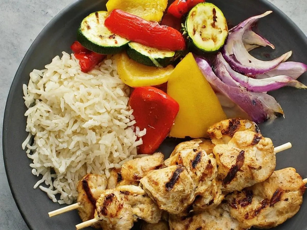 Chicken Kabob Plate with Basmati Rice and Grilled Veggies