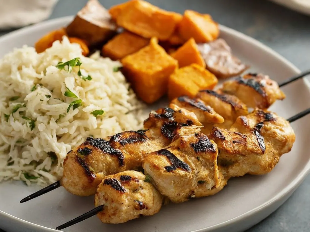 Chicken Kabob Plate with Basmati Rice and Roasted Veggies