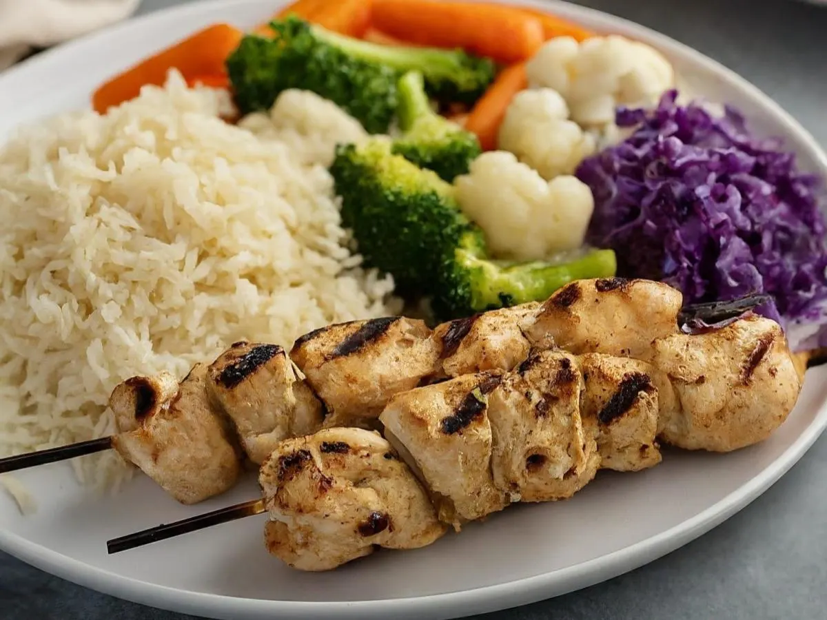 Chicken Kabob Plate with Basmati Rice and Steamed Veggies