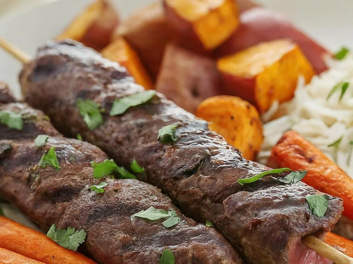 Beef Kabob Plate with Basmati Rice and Roasted Veggies