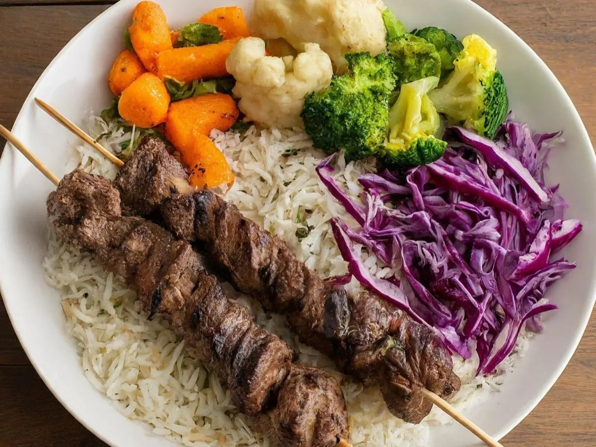 Beef Kabob Plate with Basmati Rice and Steamed Veggies