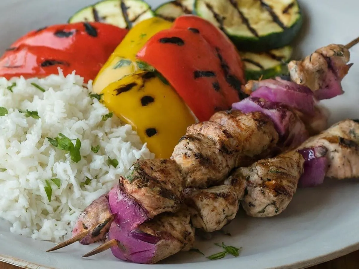 Turkey Kabob Plate with Basmati Rice and Grilled Veggies