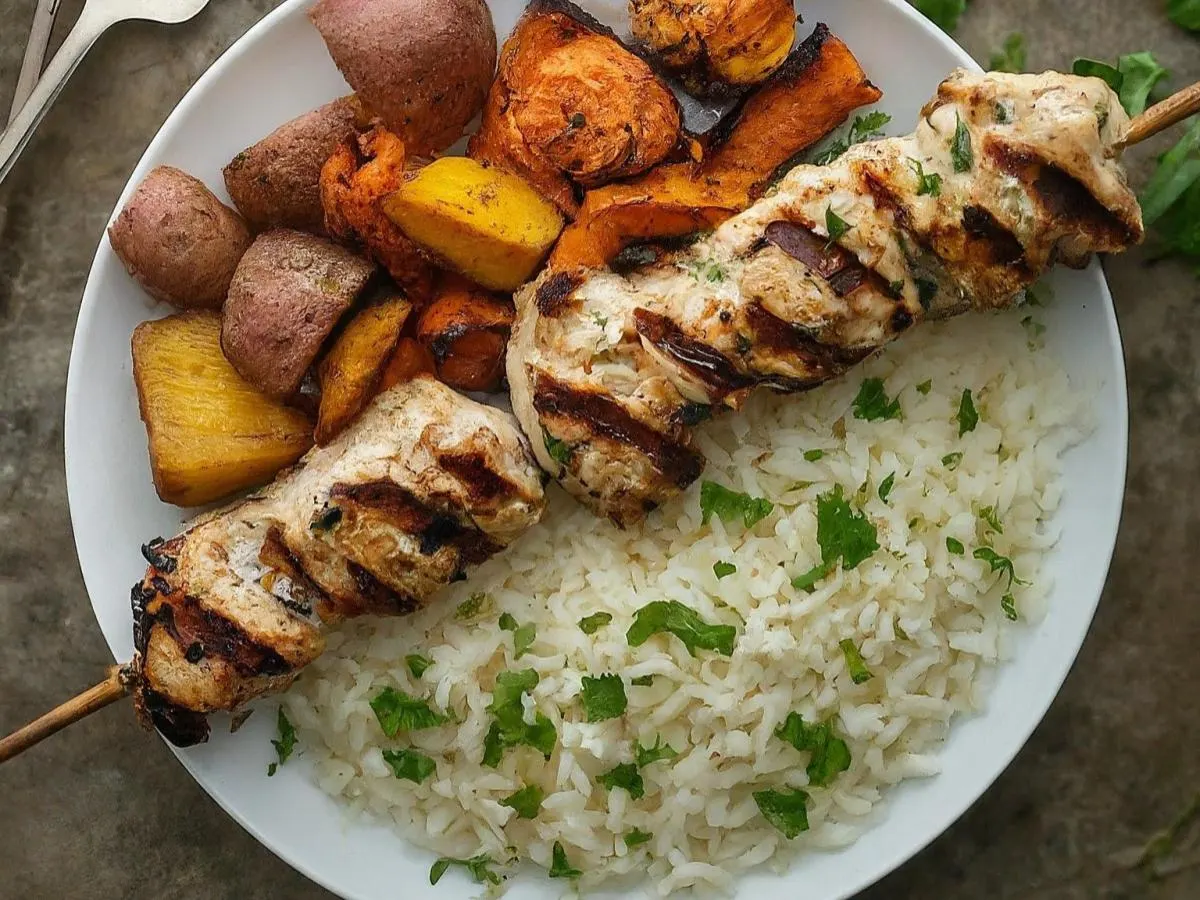 Turkey Kabob Plate with Basmati Rice and Roasted Veggies