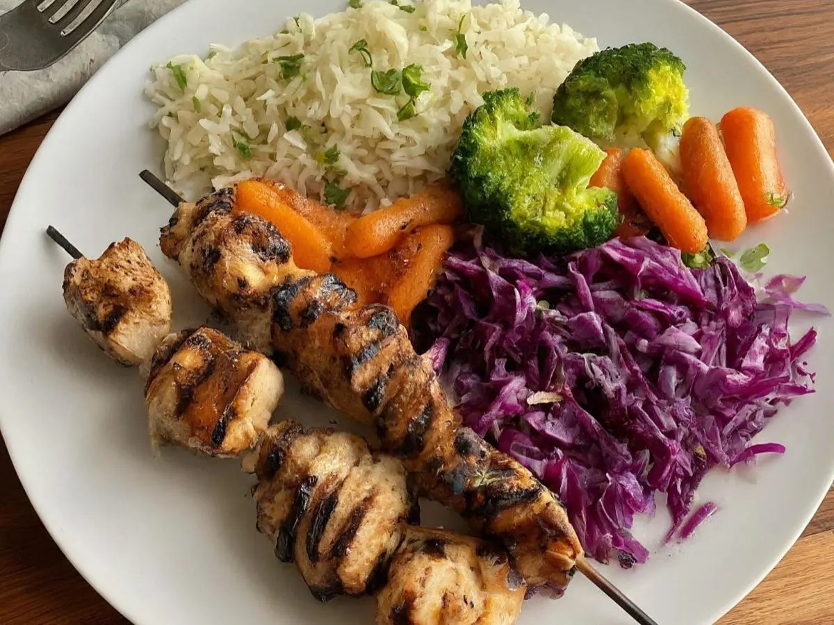 Turkey Kabob Plate with Basmati Rice and Steamed Veggies