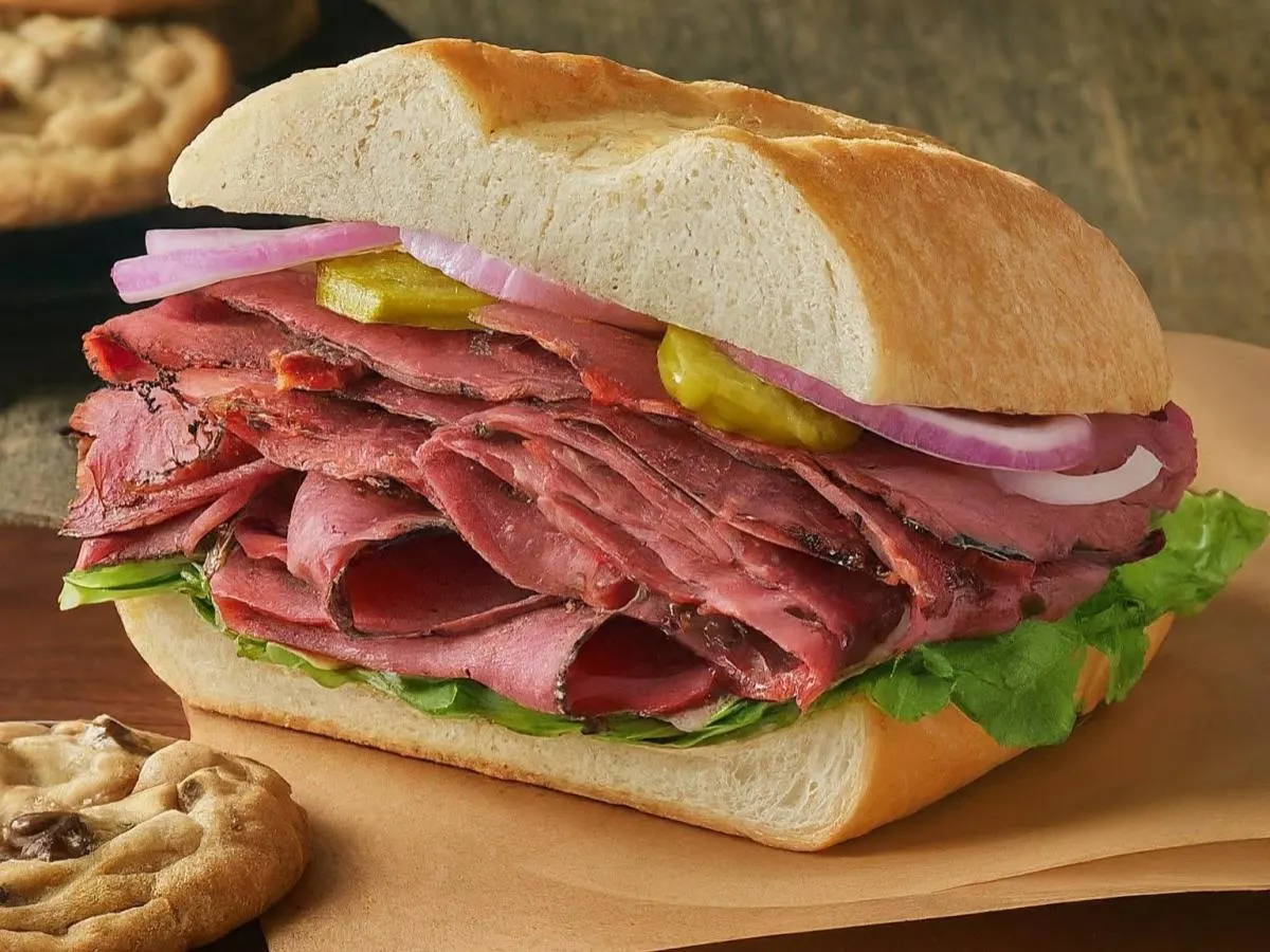 Hot Pastrami Sub on White Bread and a Chocolate Chip Cookie Hot Pastrami Sub on White Bread and a Chocolate Chip Cookie