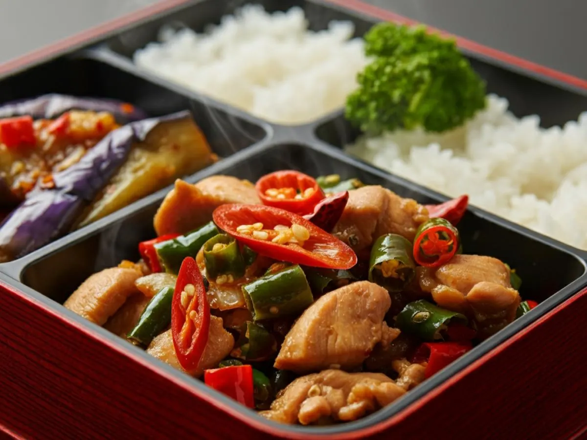 Chicken with Red and Green Pepper | Sauteed Eggplant with Spicy Garlic Sauce | Steamed Rice Chicken with Red and Green Pepper | Sauteed Eggplant with Spicy Garlic Sauce | Steamed Rice